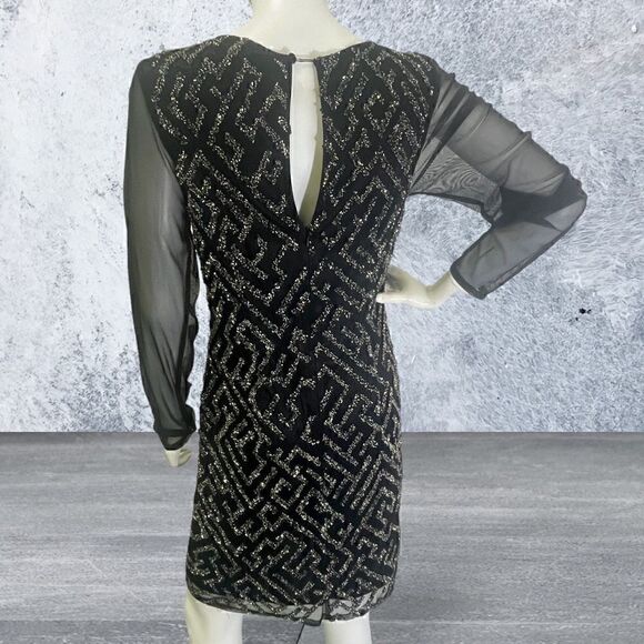 Aidan Mattox Long Sheer Sleeve Beaded Short Black Dress - Picture 5 of 7